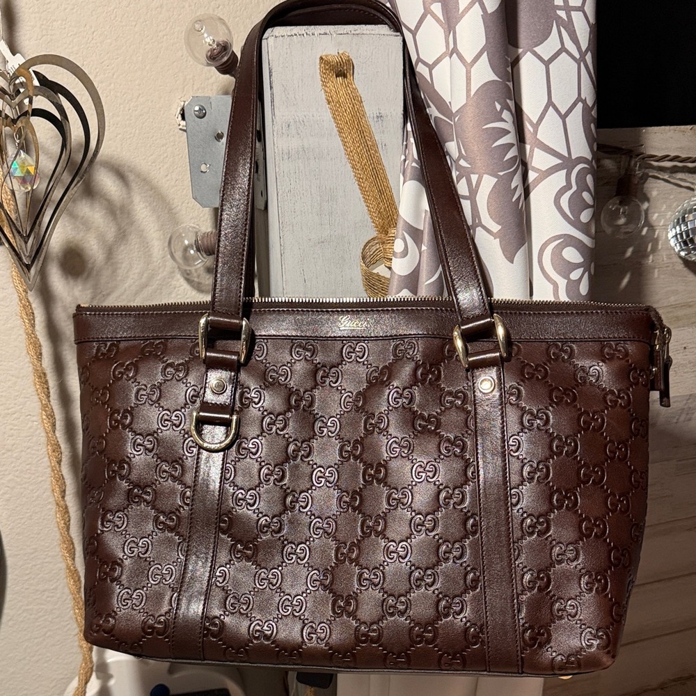 Gucci Dark Brown Embossed Leather Handbag